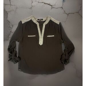 Active USA Blouse Womens Med Black Long Sleeve Sheer Blouse V Neck Metallic‎